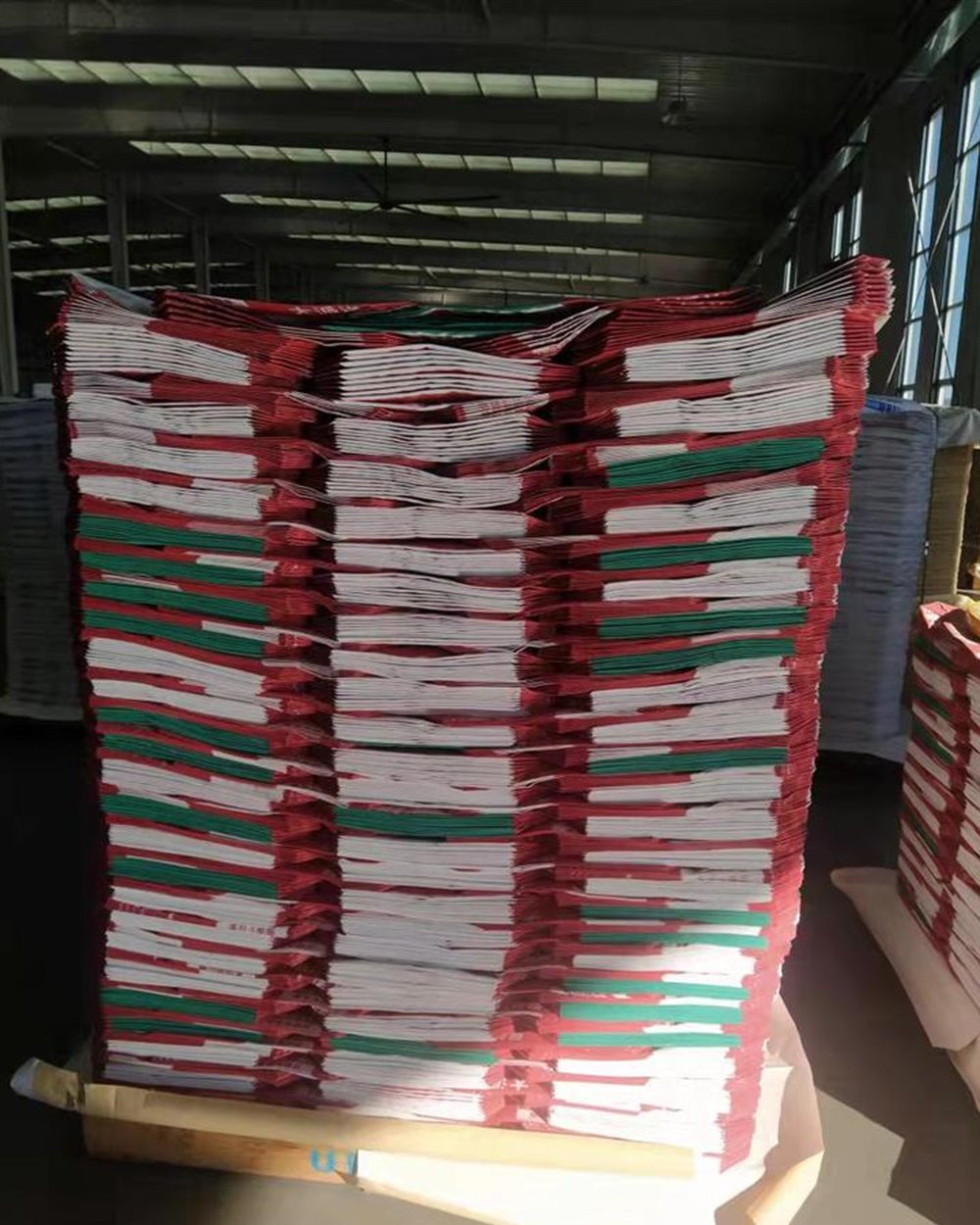 Finished valve bags stacked in the production hall
